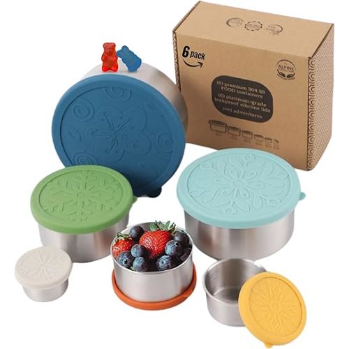 12 Pcs - 6 Stainless Steel Containers + 6 Silicone Lids | 304 Stainless Steel Snack Container | Nesting Snack and Dip Containers | Metal Food Storage