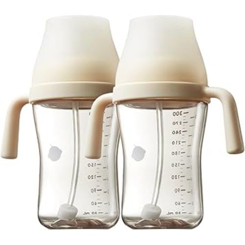 Bc babycare Sippy Cup Learner for 6+ Month Old with Nipples & Handles, Spill Proof Sippy Cup, Weighted Straw Toddler Cups, Anti-Choking Baby Cups 2 Packs, Beige