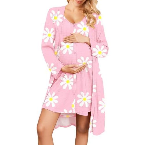 Ekouaer Maternity Nursing Gown and Robe Set 2 Piece Waffle Breastfeeding Nightgown 3 in 1 Labor and Delivery Hospital Gown