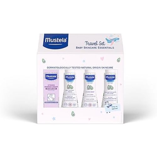Mustela Baby Travel Set for Normal Skin - 4pc | Hydra Bebe Body Lotion, Vitamin Barrier Cream, Gentle Cleansing Gel, No Rinse Cleansing Water | Tested by Dermatologists and Paediatricians