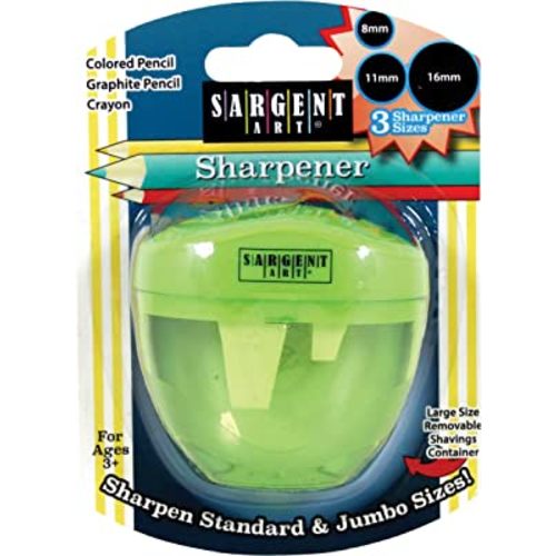Sargent Art 3 Manual Hole Pencil Sharpeners - 3 Holes With Lid - Portable Colored Pencil Sharpener - Jumbo - Green - Easy Grip Oval Shape