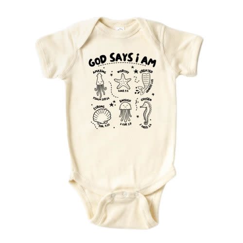 Cute Baby Bodysuit God Says I am Ocean Fish Shirt Premium Custom Baby Clothes Unisex Baby Announcement Gift for Mom Newborn Outfit (Short Sleeve Natural, 3-6m)