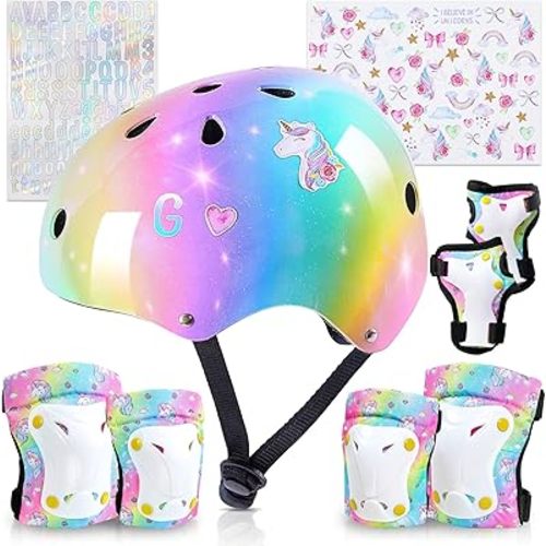 Kids Helmet, Toddler Bike Helmet with DIY Stickers Unicorn Knee Pads and Elbow Pads Set Adjustable Protective Gear Set for Girls Age 3-5-8 Years