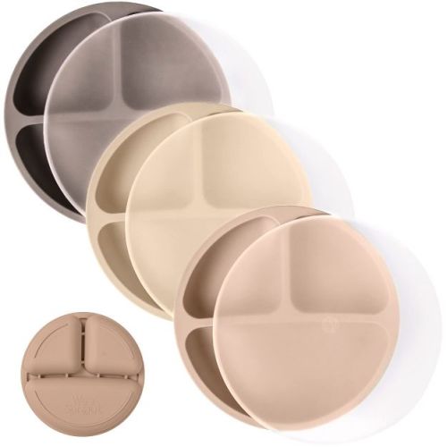 WeeSprout Silicone Plates for Babies & Toddlers 100% Food-Grade Dishes - With Lids, 3 Pack (Matte Dark Grey, Off White, Tan)