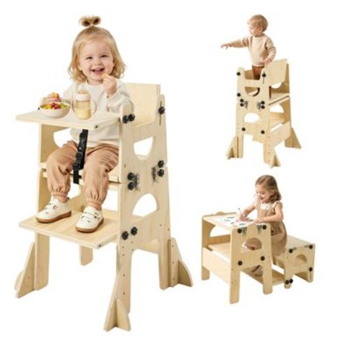 VEVOR Toddler Tower, Wooden, Adjustable Kitchen Step Stool for Kids 1-5, Montessori Weaning Table and Chair Set,with Chalkboard, Backrest, Nature