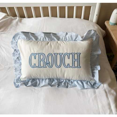 12x20 in Personalized Applique Name and Monogram Pillow Cover, Ruffled Cushion