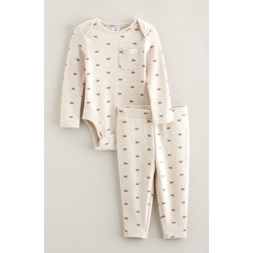 Bear Print Long Sleeve Cotton Bodysuit & Leggings Set