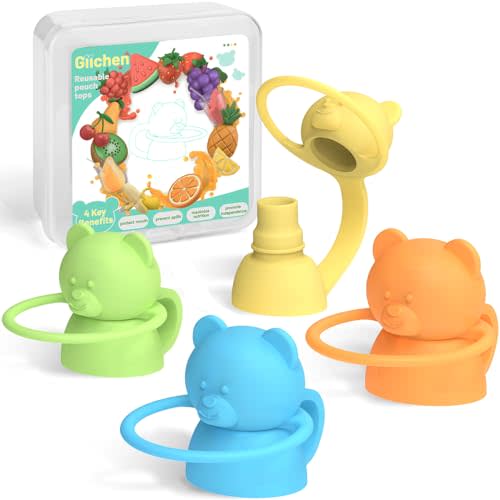 Giichen Soft Sip Food Pouch Topper - BPA Free Silicone Food Pouch Tops for Baby Prevent Spills, Food Grade Toddler Pouch Lids Protects Childs Mouth, 4 Pack Bundle (Blue, Green, Yellow, Orange)