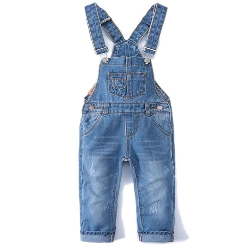 KIDSCOOL SPACE Little Girl Boy Jean Overalls,Toddler Ripped Denim Overall Pants