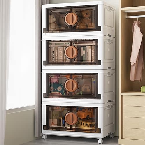 V9 112Gal Storage Bins with Lids, Stackable Collapsible Storage Bins with Wheels, Closet Organizers and Storage, Folding Plastic Cabinet with Doors for Home Office Garage, 4Pack White & Brown