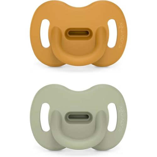 Color Essence SX PRO Silicone Baby Pacifier 2Pk, Made with 100% Soft Silicone, Baby Essentials Perfect for Breastfeeding Babies, Designed in Spain, 0-6 Mths, Mustard/Green