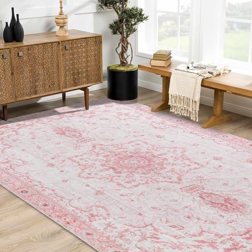 Area Rug - Vintage 6x9 Honeycomb Non Slip Backing Pink Rug Soft Faux Wool Carpet Foldable & Machine Washable Rugs for Living Room Bedroom Dining Room Home Office