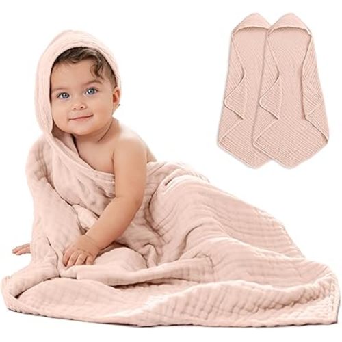 Comfy Cubs 2 Pack Baby Hooded 9 Layer Muslin Cotton Towel for Kids, Large 32” x 32”, Ultra Soft, Warm, and Absorbent. Baby Essentials Bath Towels, Cute Unisex Cover for Girls and Boys (2 Pack, Blush)