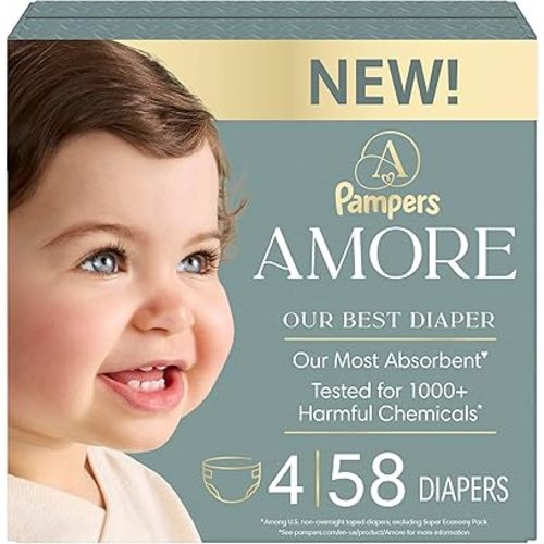 Pampers Amore, Size 4 (15-34 lbs), 58 Count, Our Best Diaper – Hypoallergenic & Fragrance Free, Up to 100% Leakproof, Soft as Cashmere
