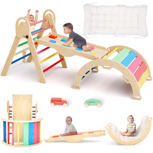 ElegantCrafts Pikler Triangle Set with Cushion, Montessori Climbing Set, Indoor Climbing Toys, Indoor Playground Jungle Gyms, 9 Combinations Climbing Toy Set for Toddler, Baby, Kids 1-4