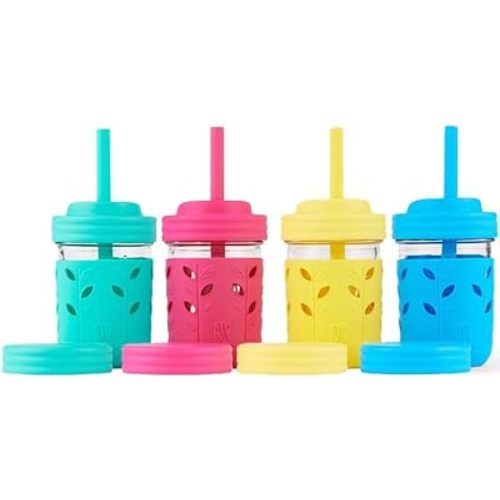 Elk and Friends Kids & Toddler Cups | The Original Glass Mason jars 8 oz with Silicone Sleeves & Silicone Straws with Stoppers | Smoothie Cups | Spill Proof Sippy Cups for Toddlers