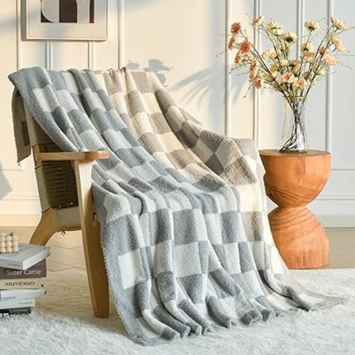 Checkered Throw Blanket for Couch, Light Grey Checkerboard Blankets with Soft Fluffy Microfiber for Bed Sofa, Cozy Knit Lightweight Decorative Travel Bed Blanket for Camping Picnic, 50"x60"