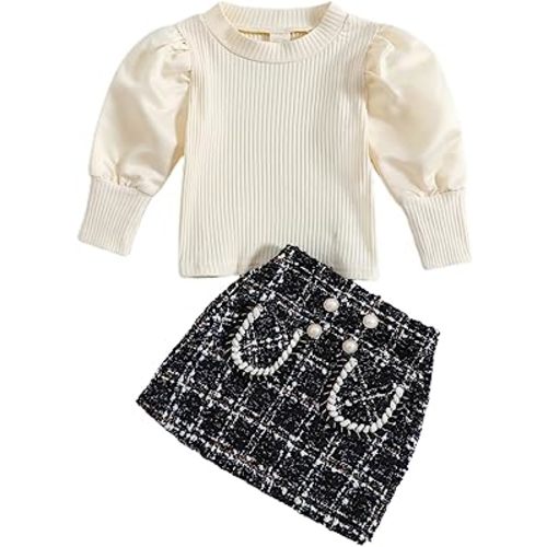 fhutpw Baby Toddler Girl Outfits Fall Winter Clothes Turtleneck Knitted Cotton Long Sleeves Tops & Button Mini Skirts Set