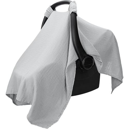 Comfy Cubs Baby Car Seat Cover - Soft, Breathable Bamboo Rayon and Muslin Cotton Blend - Lightweight Canopy for Sun, Bug, and Comfort Protection - Large Size Infant Seat Cover in Heather Blue Design
