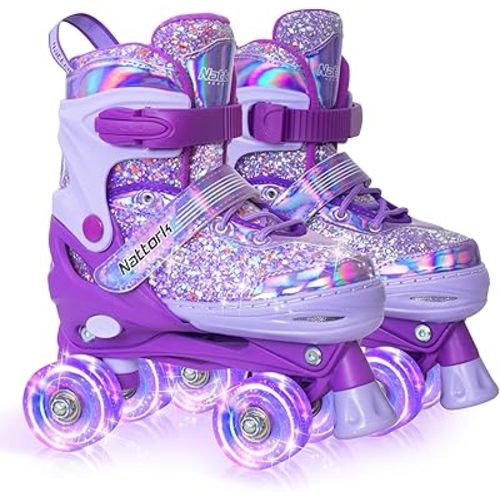 Nattork Kids Roller Skates for Girls Kids, 4 Sizes Adjustable Fluorescent Quad Skates with Light up Wheels & Safety Protection - Cool Birthday Gift for Indoor Outdoor Sports