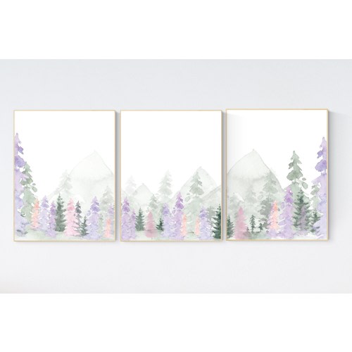 Nursery decor woodland, mountain wall art, tree nursery decor, adventure theme nursery, forest, pink, green, purple and blush pink