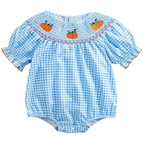 Ayalinggo Newborn Baby Girl Smocked Pumpkin Outfit Infant Plaid Bubble Romper Embroidery Halloween Thanksgiving Fall Clothes