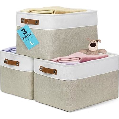 OrganiHaus 15x11in Canvas Storage Baskets 3 Pack | LARGE Fabric Bins for Shelves | Closet & Bedroom Storage | Beige/Off-White