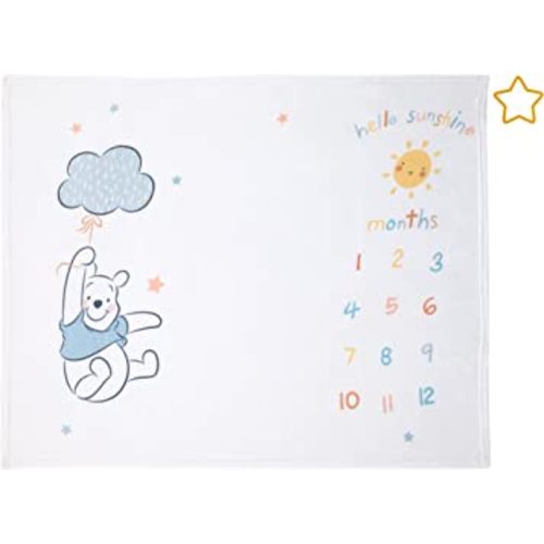 Disney Winnie The Pooh White, Yellow, and Aqua Super Soft Milestone Baby Blanket