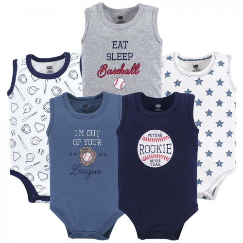 Hudson Baby Infant Boy Cotton Sleeveless Bodysuits 5pk, Baseball, 3-6 Months