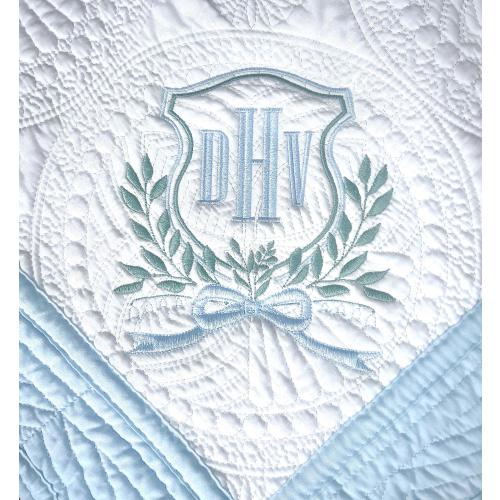 Personalized Heirloom Quilt Vintage Crest w/ 3 initials, embroidered baby quilt w/ monogram and design, Baby Quilt, Vintage Embroidery, Boy