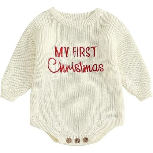 Adobabirl My First Christmas Baby Outfit Girl Boy Christmas Sweater Bubble Romper Long Sleeve Jumpsuit Fall Winter Outfit
