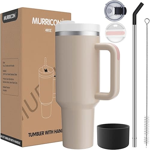 MURRICON 40 oz Tumbler with Handle and Straw,Reusable Vacuum Quencher Tumbler with Lid,Stainless Steel Insulated Travel Mug,for Coffee and Beverages(Rose Quartz)
