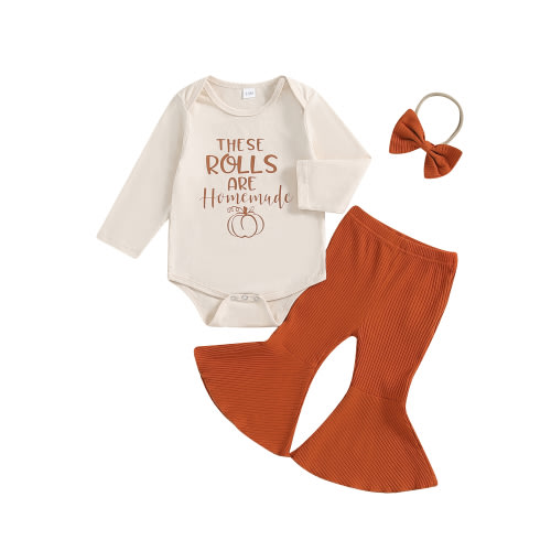 Newborn Baby Girl Halloween Outfits Long Sleeve Romper Tops Pumpkin Bell-Bottom Flare Pants Headband Infant Fall 3Pcs Clothes Set