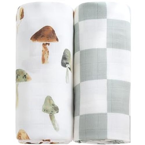 LifeTree Muslin Swaddle Blankets, Baby Swaddling Blanket for Boys Girls, Super Soft 70% Viscose from Bamboo and 30% Cotton, Large 47" x 47", Checkered & Mushroom, Newborn Baby Registry