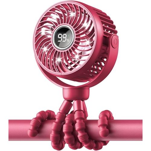 Mini Portable Stroller Fan for Travel,360° Rotation,4-Speed LED Night Light Clip on Fans Operated by Rechargeable Battery, Cordless Fan with Tripod Car Seat Baby Pram (Rose red)