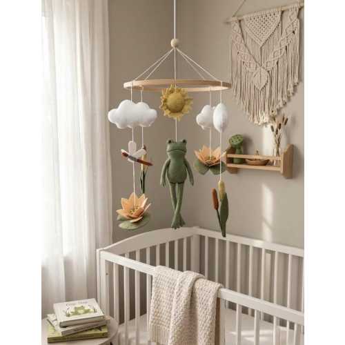Felt Frog Baby Mobile: Lily Pads and Boho Forest Nursery Decor