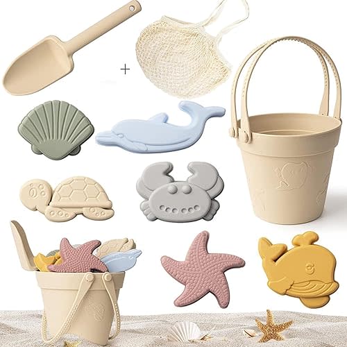 9Pcs Silicone Beach Toys, Modern Baby Beach Toys,Travel Friendly Beach Set, Silicone Bucket, Shovel, Sand Toy Molds, Beach Bag, Silicone Sand Toys Toddlers Sandbox Toys for Kids (Light khaki)
