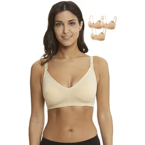 HOFISH 3 Pack Seamless Clip Down Deep V Neck Push Up Nursing Bra Maternity Bras 3PACK Inlcuding Extenders & Clips - 3pcs/Pack(push Up:beige) - Medium