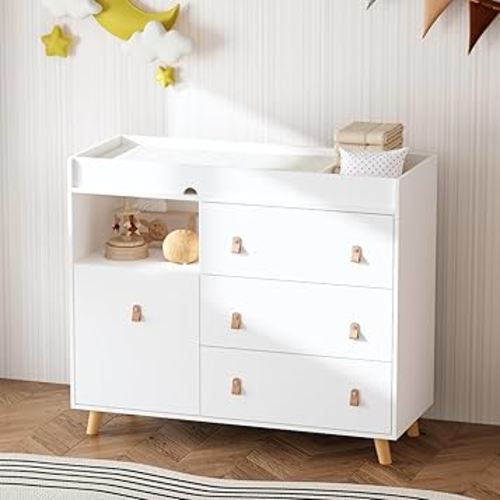 Baby Dresser with Changing Table Top, 4 Drawers Nursery Dresser with Removable Guard, Infant Diaper Changing Station Baby Cloth Organizer for Nursery and Kids Bedroom, White - 44.9" W