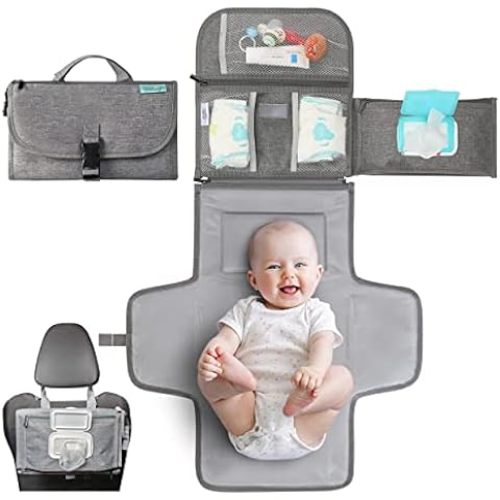 Baby Portable Diaper Changing Station for Your Car | Waterproof, Detachable, Toy Loops, 4 Pockets, Wet Wipes Holder, Tummy Time Mat, Kick Mat, Tablet Holder | LUMI - Black with Ministars