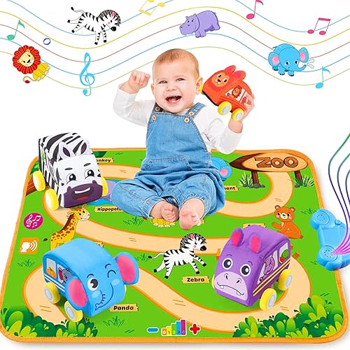 Baby Car Toys for 1 Year Old Boy with Musical Playmat, Animal Sounds and Pull Back Vehicles for Toddlers 1-3, Soft Baby Learning Toys 12-18 Months, 1st Birthday Gifts for One Year Olds