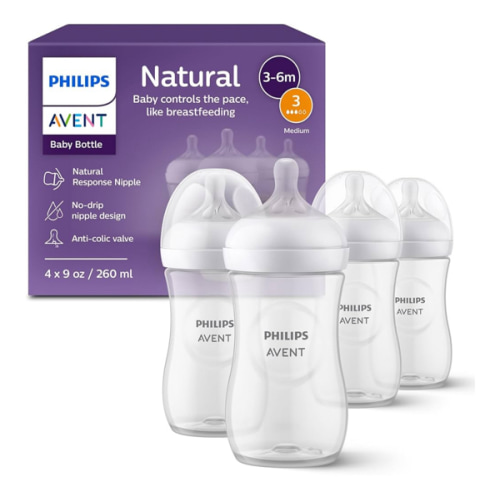 Philips Avent Natural Glass Baby Bottles with Natural Response Nipples (Slow Flow, Flow 2), 4oz, 4-Pack, SCY910/04