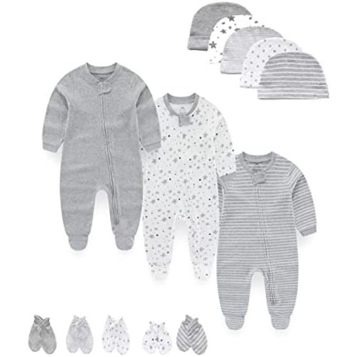 Baby Boy Girls Clothes 2-Way Zip Footed Long Sleeve 100% Cotton Baby Pajamas,Newborn Caps and Scratch Mittens Set