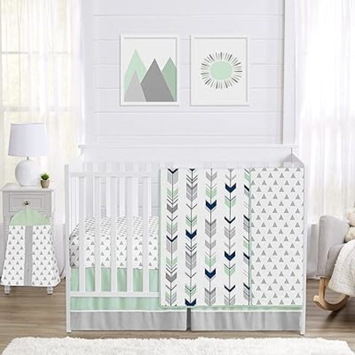 Sweet Jojo Designs Grey, Navy Blue and Mint Woodland Arrow 4 Piece Baby Boy or Girl Crib Bed Bedding Set