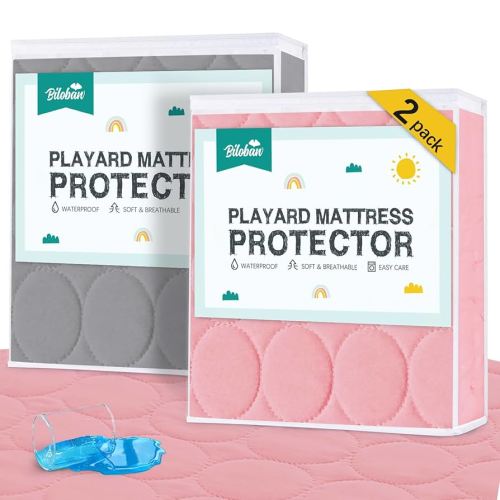 Pack and Play Protector Sheets Waterproof 2 Pack, Quilted Playard Mattress Pad Cover Fitted Fits for Graco Pack n Play Playard Mattress/Playpen Mattress, Gray & Pink, 39" x 27"