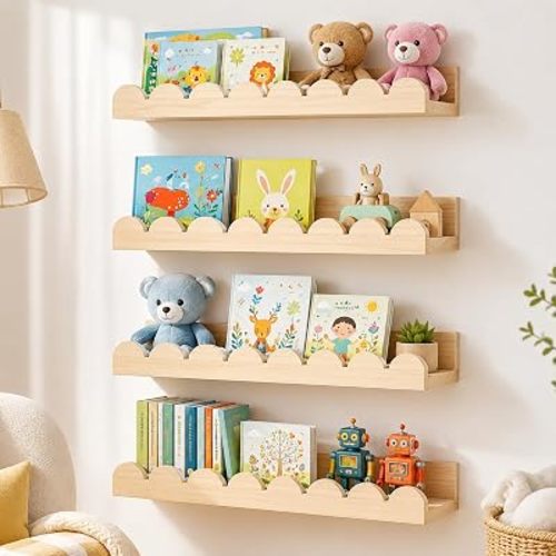 4PACK Nursery Book Shelves, Floating Shelves for Bedroom, Scalloped Wall Shelves for Bedroom Wall Book Scalloped Shelves, for Wall Decor and Storage, for Toys, Photo Frames,Nursery Décor (Natural)