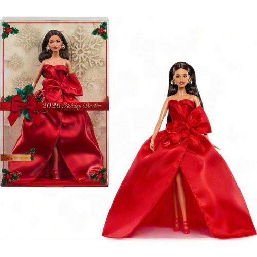 Barbie Signature 2026 Holiday Barbie Fashion Doll Seasonal Collector Brown Hair with Red Gown with Bow Detail