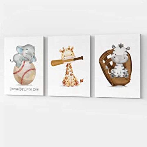 GUBIYU Baseball Nursery Room Decor Baby Boy Sports Canvas Nursery Animal Sports Art Baseball Print Set of 3, Nursery Sports Decor Baseball Posters Wall Decor Sports Themed Room Decor for Boys 12"x16"