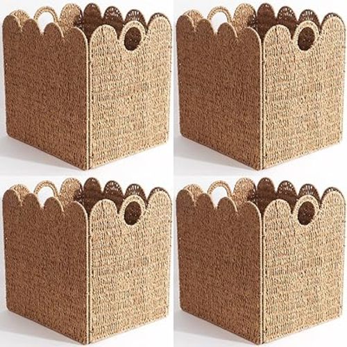 Scalloped Wicker Storage Cubes Basket, 12”x12“ Heavy Duty Paper rope/Hyacinth/Seagrass Baskets for Shelves, Foldable Natural Boho Square Bins (Renewable Paper Rope, 4PC)