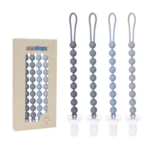 One Piece Design Silicone Pacifier Clip Holder,Pack of 4 Flexible Paci Leash,Binky Clips with Textures for Baby Boys and Girls,Newborn Essential (Gray)